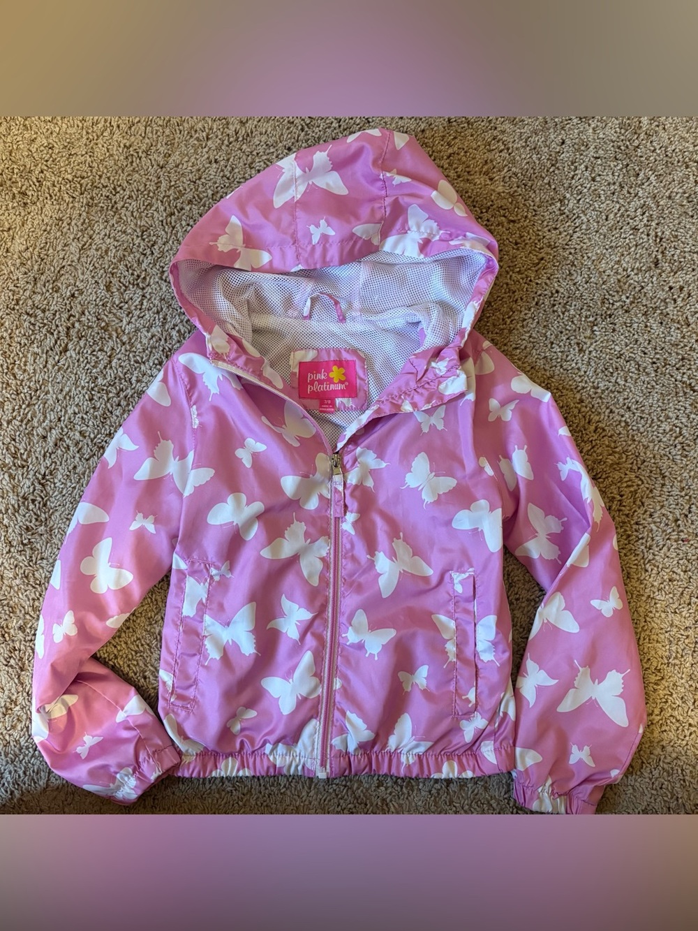 Pink Platinum Pink Butterfly Hooded rain Jacket size 7/8